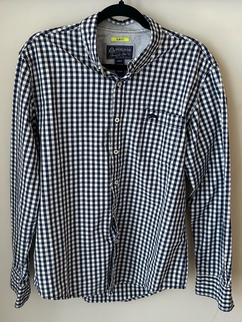 American Rag Slim Fit Navy Gingham Button Down Shirt Men’s L 16 inch neck